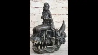 Girl Sitting on Horned Demon Skull Bronze Figure Sculpture Occult Art 9.5
