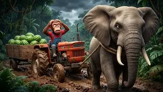 Monkey Tractor Stuck in Mud 😱🐵🚜 | Elephant Helped Monkey | Funny 3D Cartoon Story 🐘 | Guggu Farm 