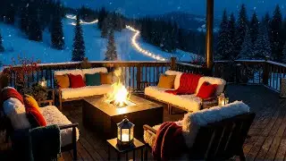 Cozy Fireplace Jazz on a Snowy Ski Terrace with a Warm Outdoor Lounge and Mountain Glow 05