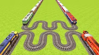 FOUR CRAZY TRAINS VS HARDLY SNAKE SHAPE TURNING RAILROAD CROSSING ▶️ Train Simulator | CrazyRails