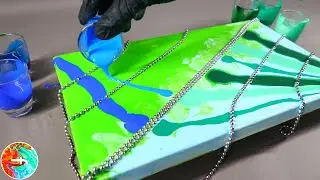 Chain pull painting Green & Blue colors - Acrylic pouring - fluidcomet
