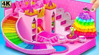 Build Pink Castle with Curvy Water Slide and Rainbow Princess Dress for Two ❤️ DIY Miniature House