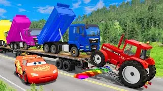 Flatbed Trailer McQueen Transportation with Truck - Speedbumps vs Cars vs Train #23 - BeamNG.Drive
