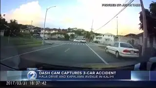 Dash cam captures three-car accident in Kalihi
