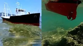 Cardboard model ship at sea, homemade research vessel in action