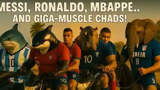 Messi, Ronaldo, Mbapp&eacute; and other football stars riding with giga-muscle Brainrot chads 🐉🐘🦈🕊️