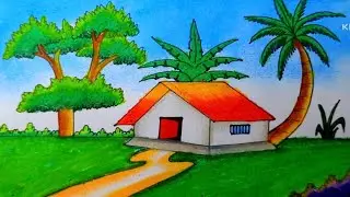 How to Draw a Simple Village Scenery Drawing - Colorful Rural House Landscape Art Drawing Tutorial 