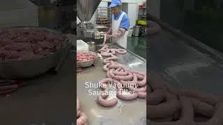 Vacuum sausage stuffing machine, capable of producing over one ton of sausages per hour.