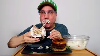 ASMR &bull; HOMEMADE &bull; SALMON BURGERS &bull; SOAKED IN HOMEMADE  SAUCE  (yes buns are charred shit happens ) 