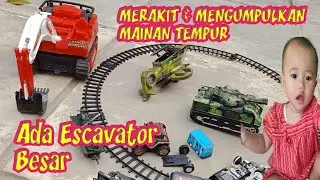 Merakit dan mengumpulkan mainan kereta api tempur, helikopter, bus tayo, escavator, tank baja tempur
