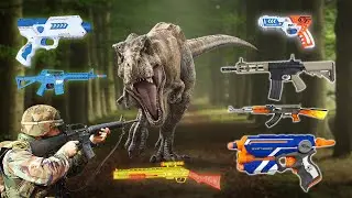 Attack of the RED TREX  with a lot of Toy Guns Nerf War