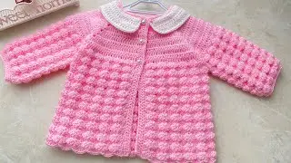 🌸Collared, Crocheted Balloon Pattern Baby Cardigan /Tığ işi Balon Model Yakalı Bebek Hırka 3-6 ay