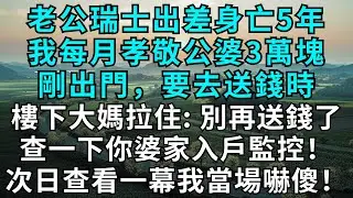 老公瑞士出差身亡5年，我每月孝敬公婆3萬塊，剛出門，要去送錢時，樓下大媽拉住我：別再送錢了，查一下你婆家入戶監控錄影！次日查看一幕我當場嚇傻！#為人處世#生活經驗#情感故事#故事#小說#情感#婚姻