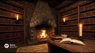 Medieval Candlelit Library Fireplace | Cozy Stone Room | 1 Hour