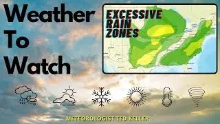Extreme rain threat areas outlined plus a tornado/damaging wind threat zone.