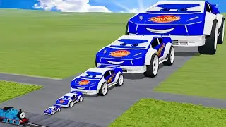 Big & Small Blue Tesla Cybertruck Lightning Mcqueen vs Trains Thomas | BeamNG.drive