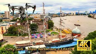 Cutty Sark - kliper herbaciany z 1869 r. wyeksponowany jako muzeum w Londynie (z lotu ptaka, 4K)