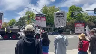 Striking writers block truck from entering Sony Studios in Los Angeles