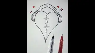 Illustration: Drawing Cute Heart Listen Music, PujanArt.
