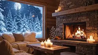 Cozy Winter Cabin Fireplace 🔥 Snowfall Outside | Relaxing Fireplace Sounds & Calm Music