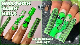 MY FIRST HALLOWEEN NAIL DESIGN 💚 | TRYING NEW ACRYLICS! | ALIEN NAIL ART