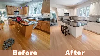 Before and After of 2-1/4&rdquo; white oak hardwood floor renovation.#restoration #repair #fyp #update
