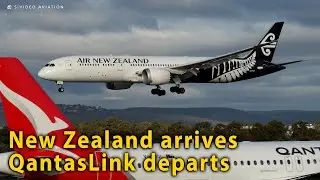 Air New Zealand (ZK-NZF) arrives & QantasLink (VH-JQL) departs RW03 at Perth Airport.