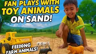 Fan Plays with Toy Animals on the Sand | Feeding Farm Animals and Having Fun! 🐄🐴🐘