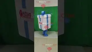 Gift box man REDBROKOLY mascot with blue ribbon and wearing blue shoes with AESIO