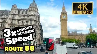 LONDON BUS RIDE 3x Speed, 88, Clapham Common to Parliament Hill Fields, Tour in Diorama-like London.