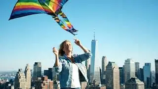 GIRL FLYING KITE IN NEW YORK