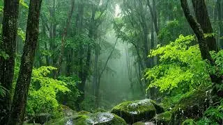 Calming Rainfall In A Lush Green Forest Accompanied By Soft Rolling Thunder Ambience