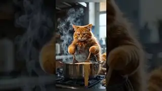 Giant Cat cooking Noodles... 🐱🍜🍴     #ai #cute #cat #cooking #noodles