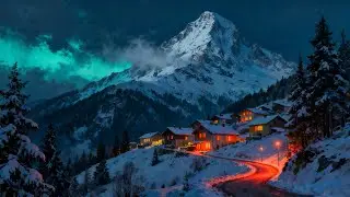 Winter Calm in a Snowy Mountain Village ❄️ Cozy Fireplace Crackling & Soft Wind Ambience