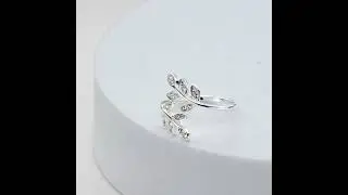 Silver Leaf Ring Created with Zircondia&reg; Crystals by Philip Jones Jewellery
