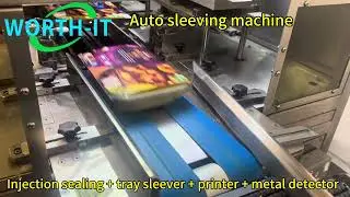 Food auto production line injection sealing with tray sleever online printing and metal detector