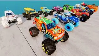 BeamNG Monster Trucks vs Downhill and Pool Water Slide & High Speed Jumps and Crashes