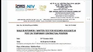 ICMR | Recruitment 2022 WALK IN INTERVIEW / WRITTEN TEST FOR Post  RESEARCH ASSOCIATE-III #icmrjobs