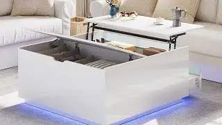 High Gloss Coffee Table with Storage,White Square Lift Top Coffee Tables with LED