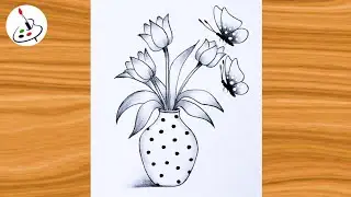 How to draw a Butterfly on Flower||Flower Vase Drawing||Easy Drawing ideas for Beginners 