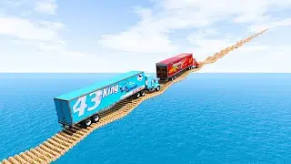 Mack truck vs Dinoco vs Impossible Log Wave Bridge Truck Car Rescue -Cars vs Deep Water-BeamNG.drive