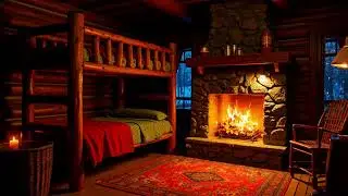 Cozy Log Cabin Fireplace with Bunk Bed at Night | Warm Winter Ambience for Deep Sleep