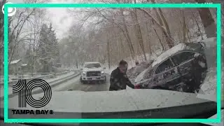 Close call: EMS crew escapes after oncoming truck drifts on slippery road
