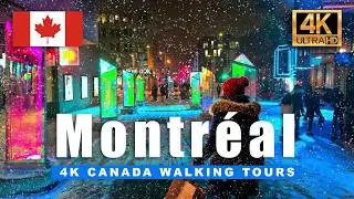 Montreal Winter Snowstorm Walking Tour 4K ❄️ Winter Light and Snow Festival Night Walk