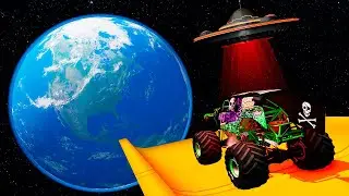 Grave Digger and MONSTER TRUCKS  vs  SPACE RAMPS and UFO - BeamNG Monster Truck Crashes