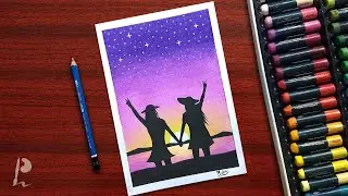 Friends Forever Scenery Drawing with Oil Pastels | PrabuDbz Art