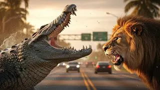 Lion vs Prehistoric Crocodile &ndash; Ancient Monster Attack on USA Roadside!