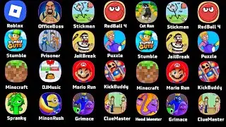 Roblox, Office Boss,Red Ball 4,DJ Music Run, Stumble Guys, Grimace Story, Kick The Buddy, Minecraft 
