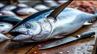 Fresh tuna cutting at the fish market