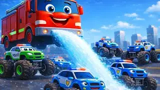 Fire Truck vs Police Monster Cars 🚒🚓 | City Water Blast Showdown | Funny Cars Cartoon